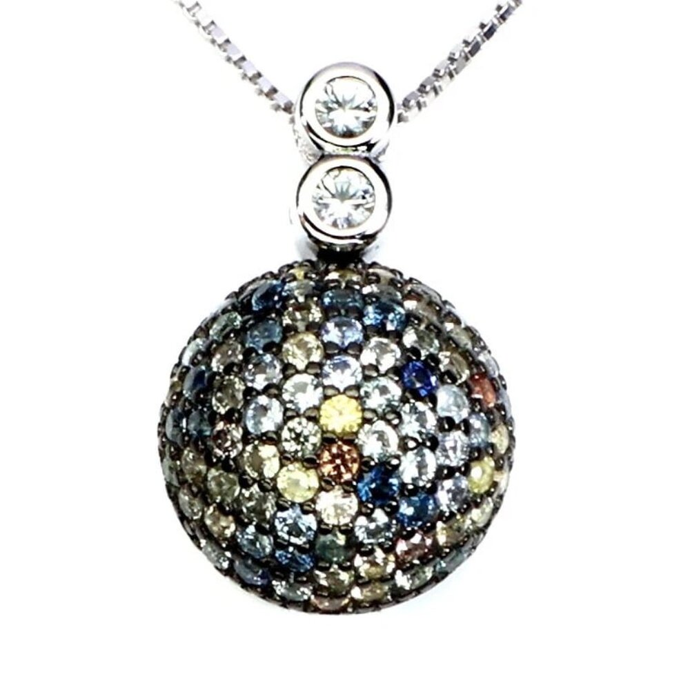 Sterling Silver Natural Multicolor Sapphire Topaz Semi-Sphere Pendant Necklace
